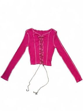 Pink Long Sleeve Crop Top Rhinestone Lace Up Detail Chain